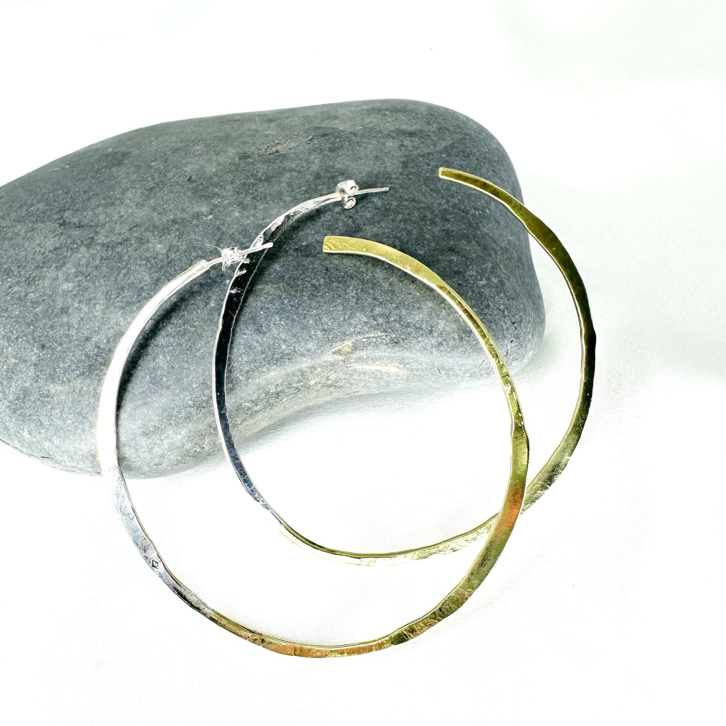 Large minimalist hoop earrings in brass and eco sterling silver – handmade two-tone jewellery by Sabine Werner