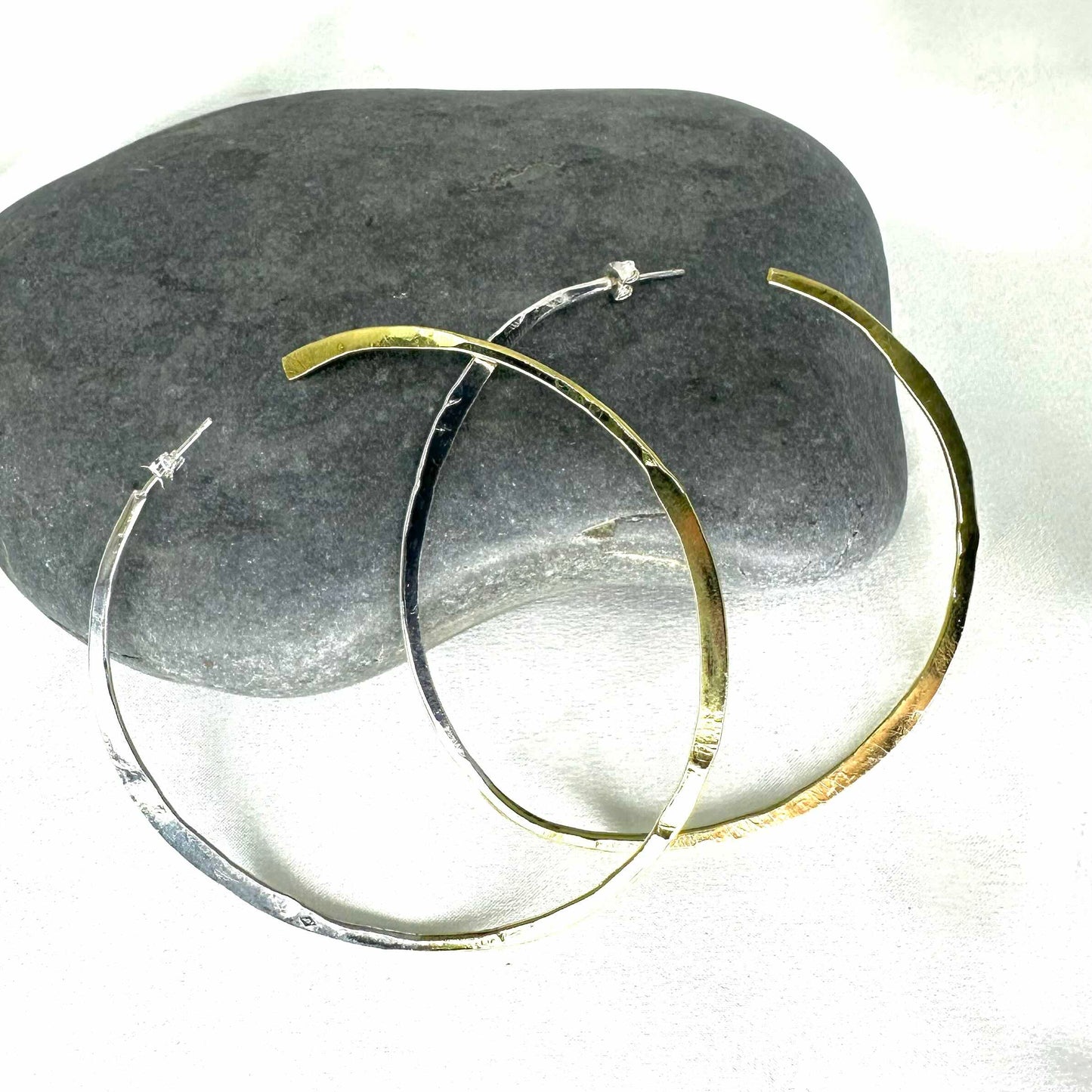 Large minimalist hoop earrings in brass and eco sterling silver – handmade two-tone jewellery by Sabine Werner