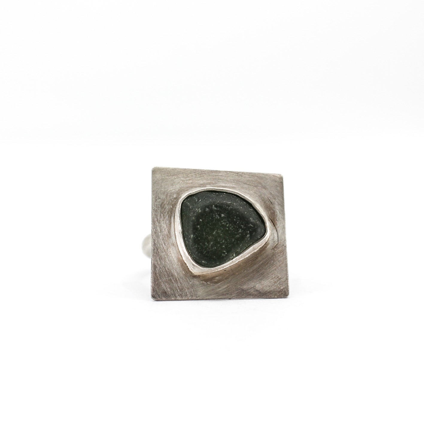 green statement ring in 925 sterling silver set with green sea glass from the French Riviera