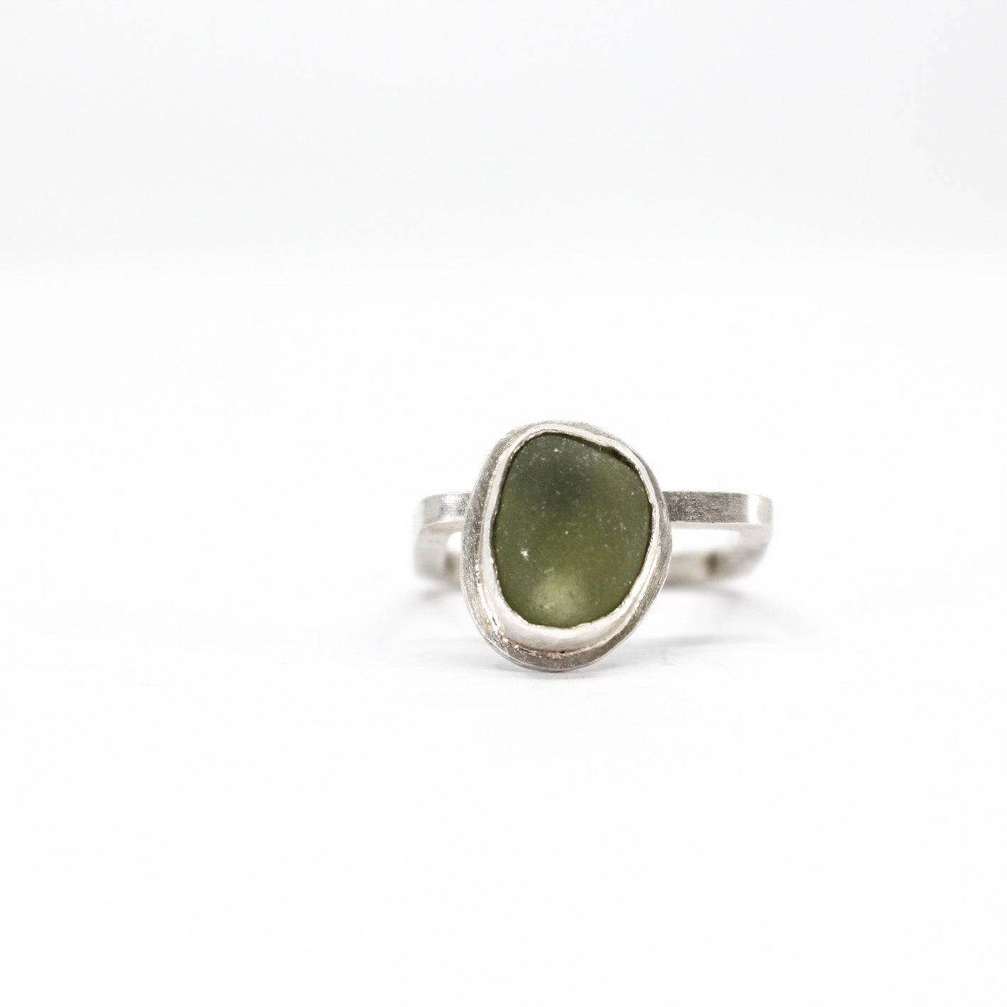 modern simple silver ring with French green sea glass in 925 eco sterling silver