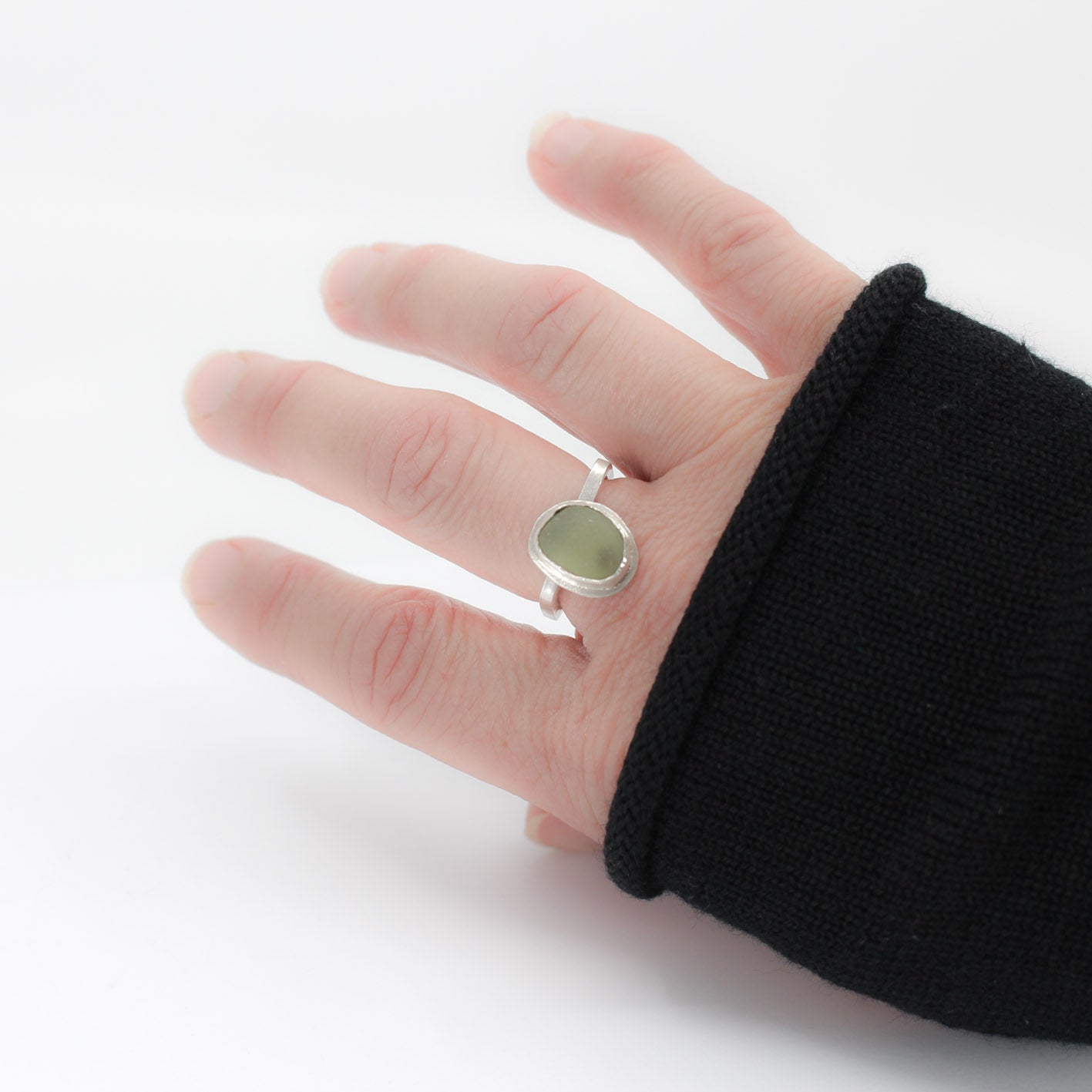 modern simple silver ring with French green sea glass in 925 eco sterling silver