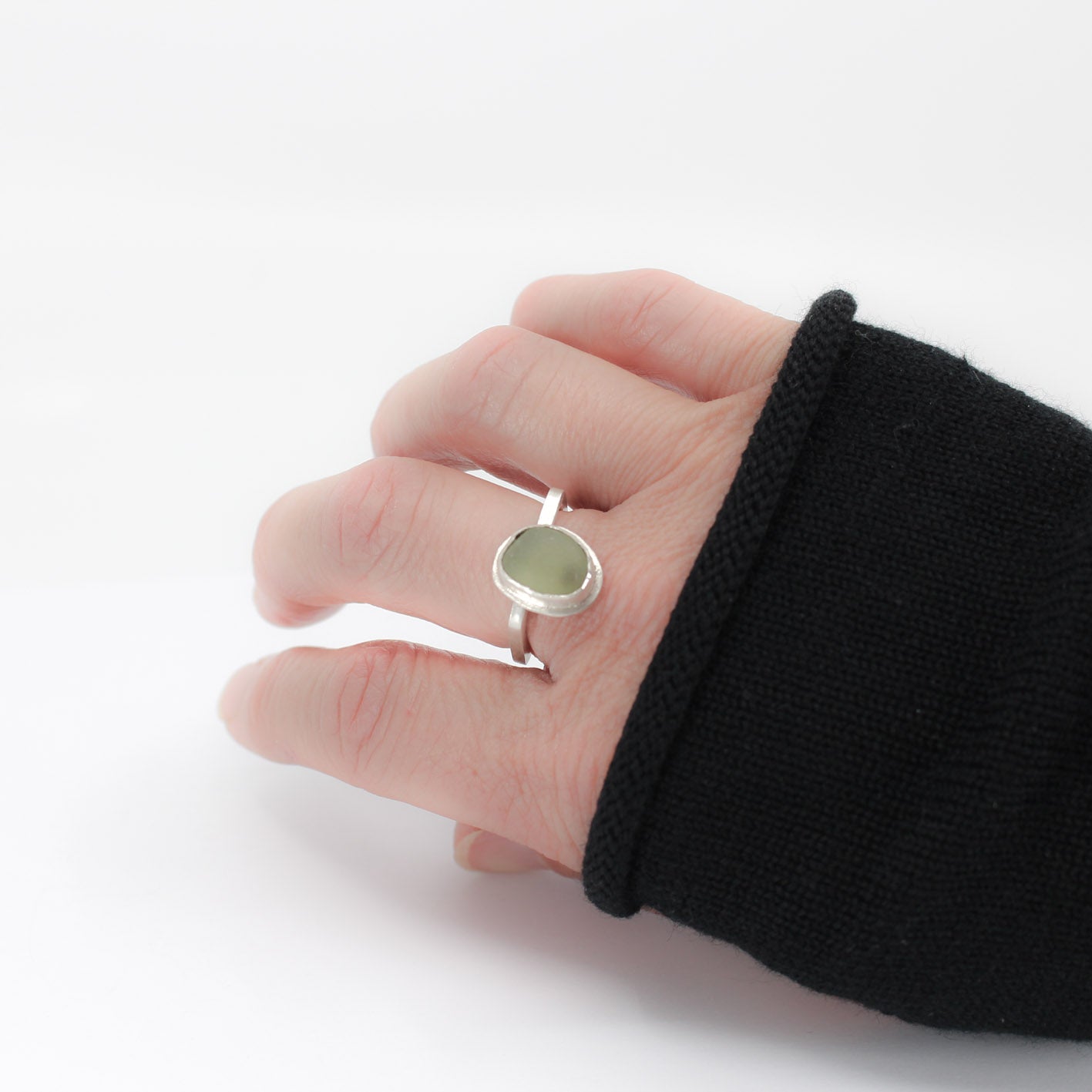modern simple silver ring with French green sea glass in 925 eco sterling silver
