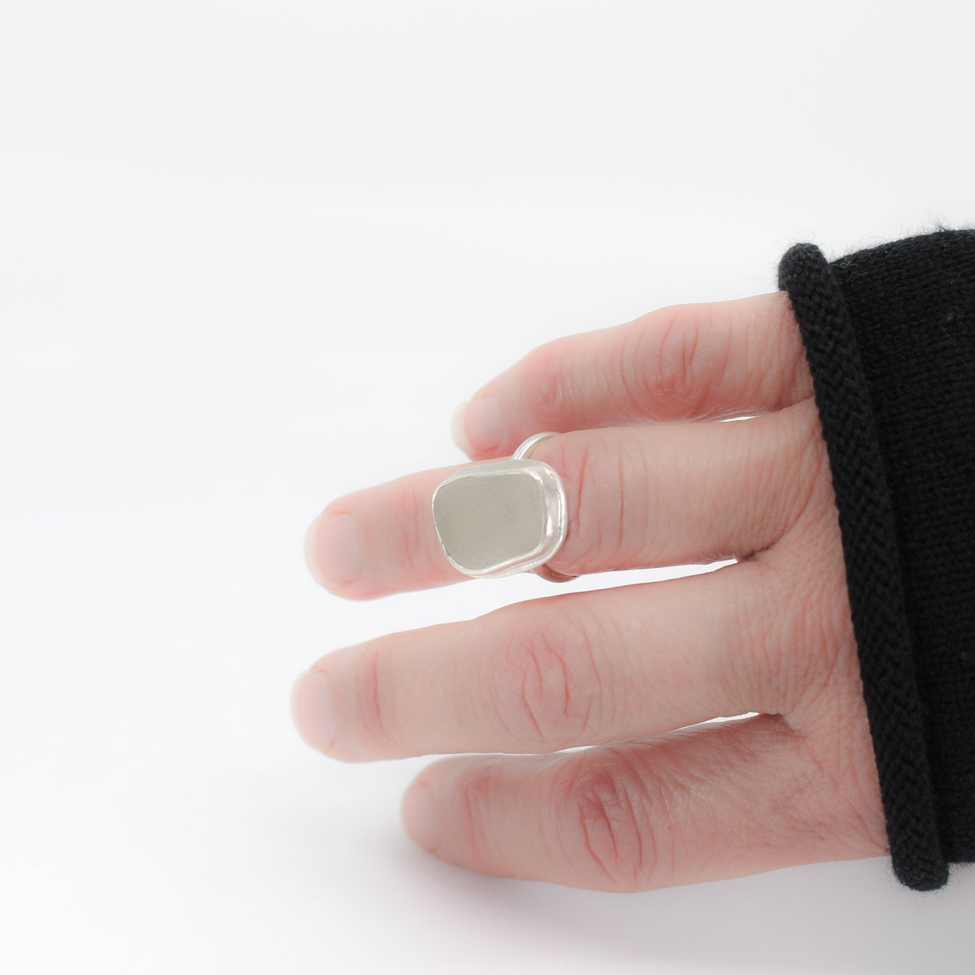 simple statement ring with pale grey green sea glass in 925 eco sterling silver sterling silver