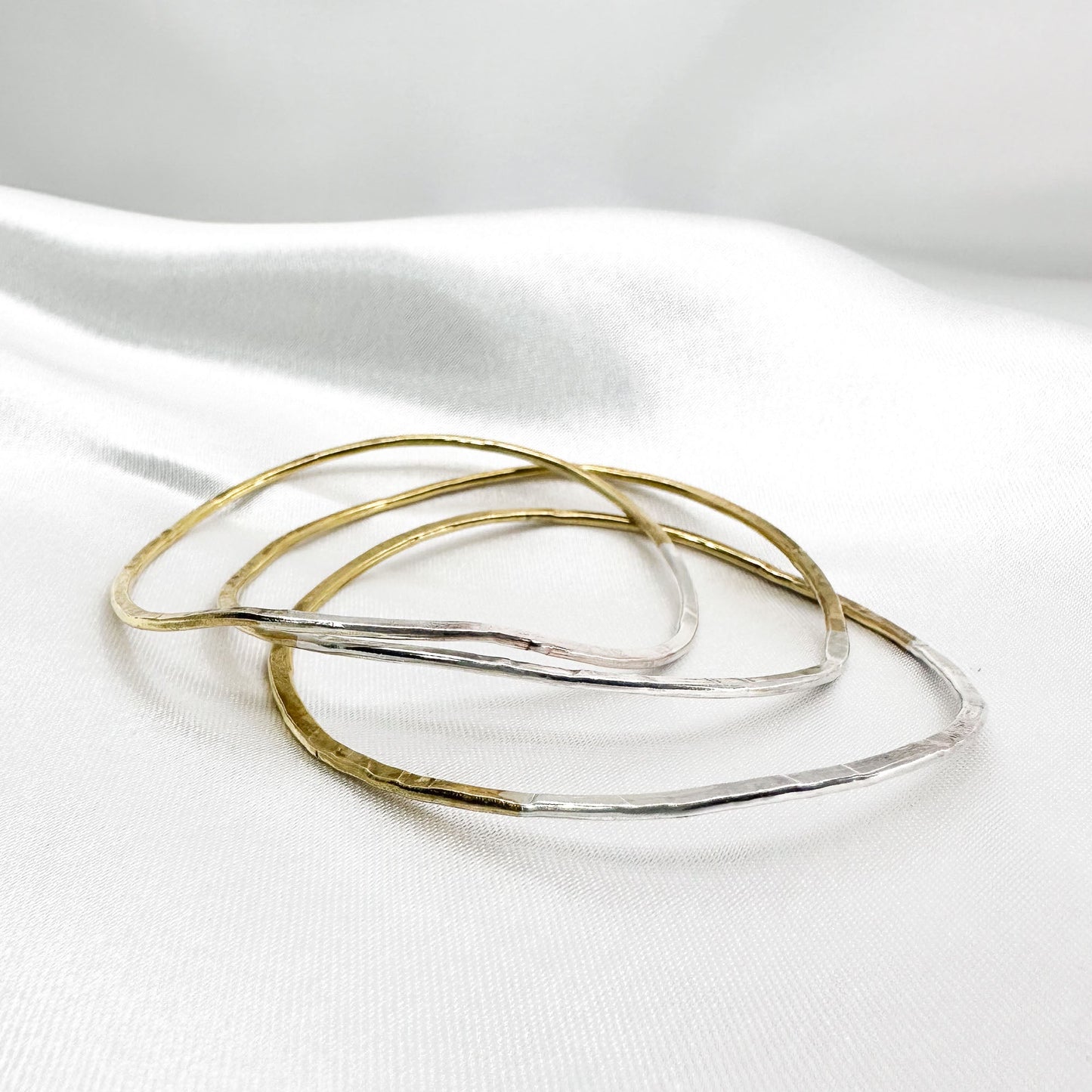 set of 3 stackable silver bracelets in 925 sterling silver and brass
