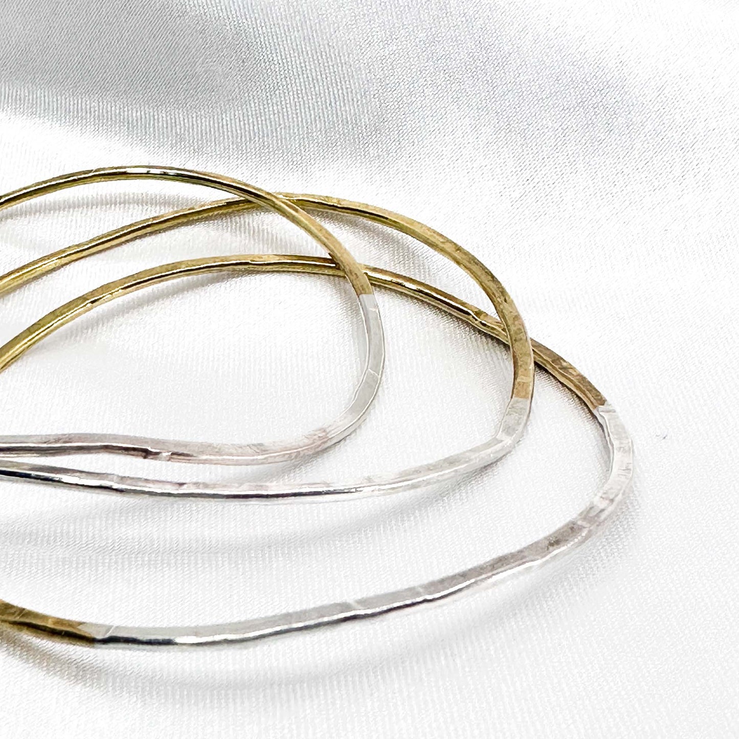 set of 3 stackable silver bracelets in 925 sterling silver and brass