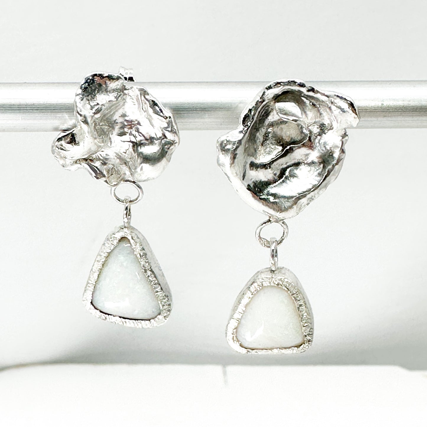 sterling silver dangling earrings with white Australian opal  • mismatched