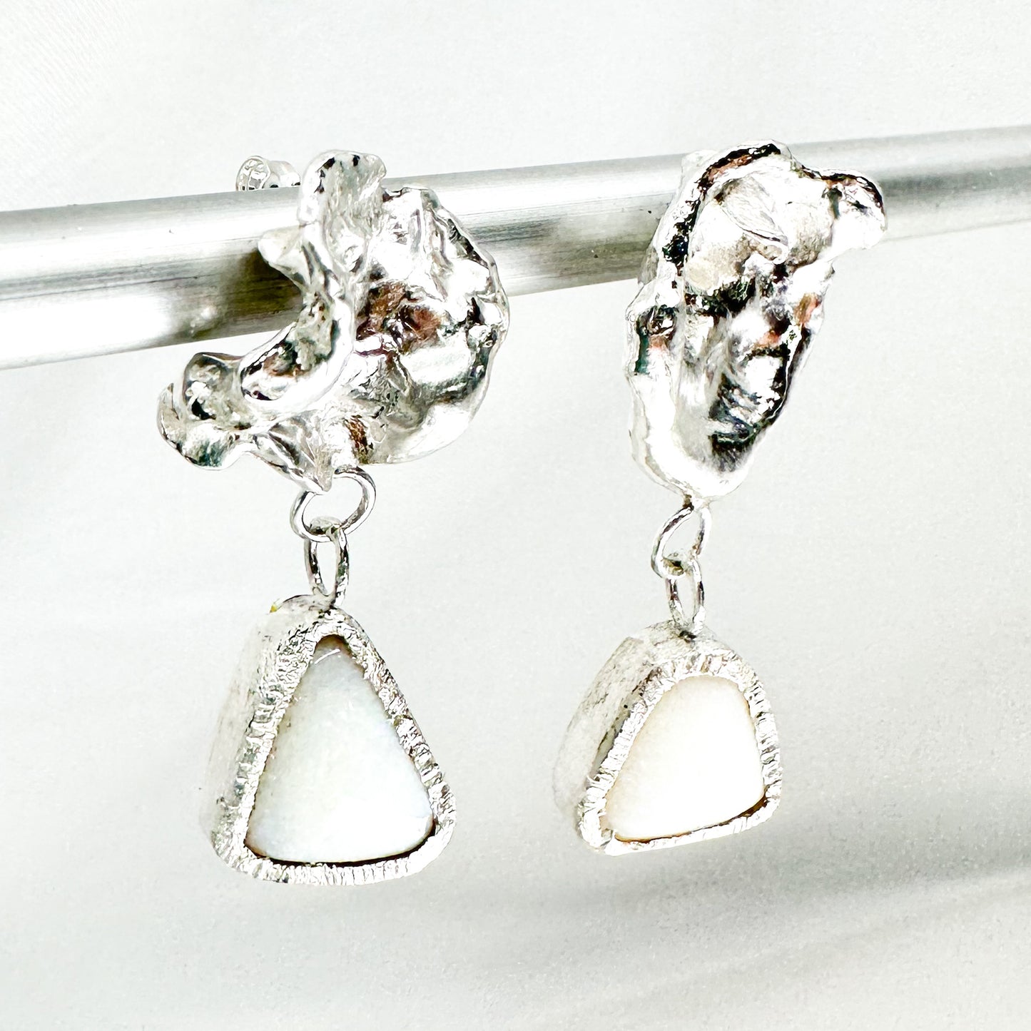 sterling silver dangling earrings with white Australian opal  • mismatched