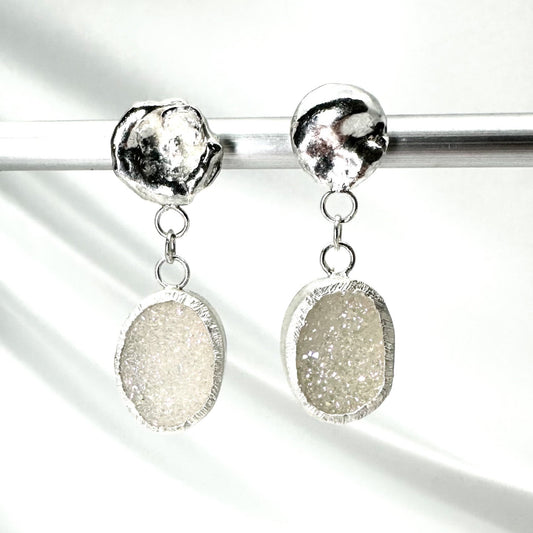 Stunning White Druzy Quartz Drop Earrings in Sterling Silver