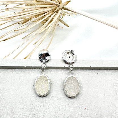 Stunning White Druzy Quartz Drop Earrings in Sterling Silver