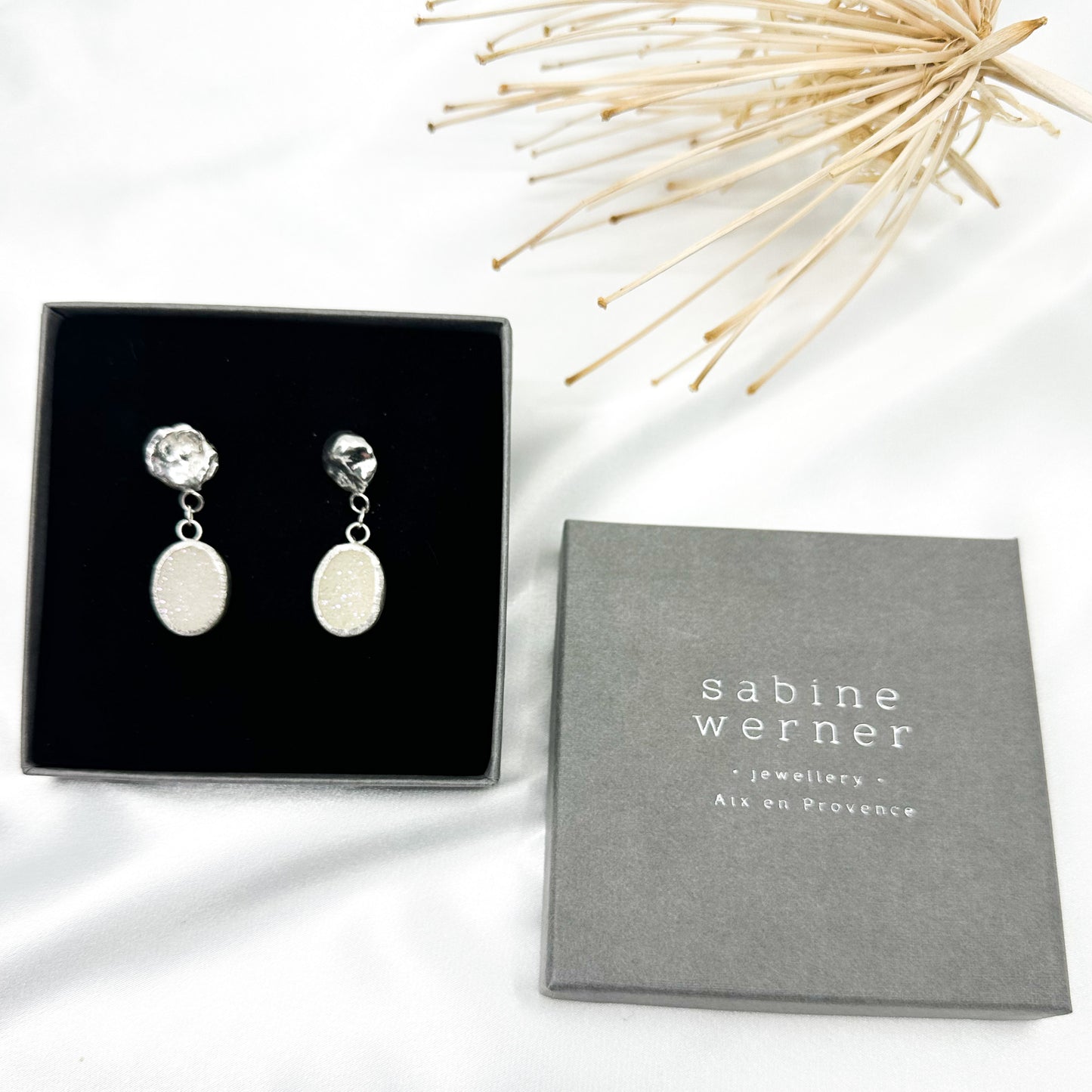 Stunning White Druzy Quartz Drop Earrings in Sterling Silver