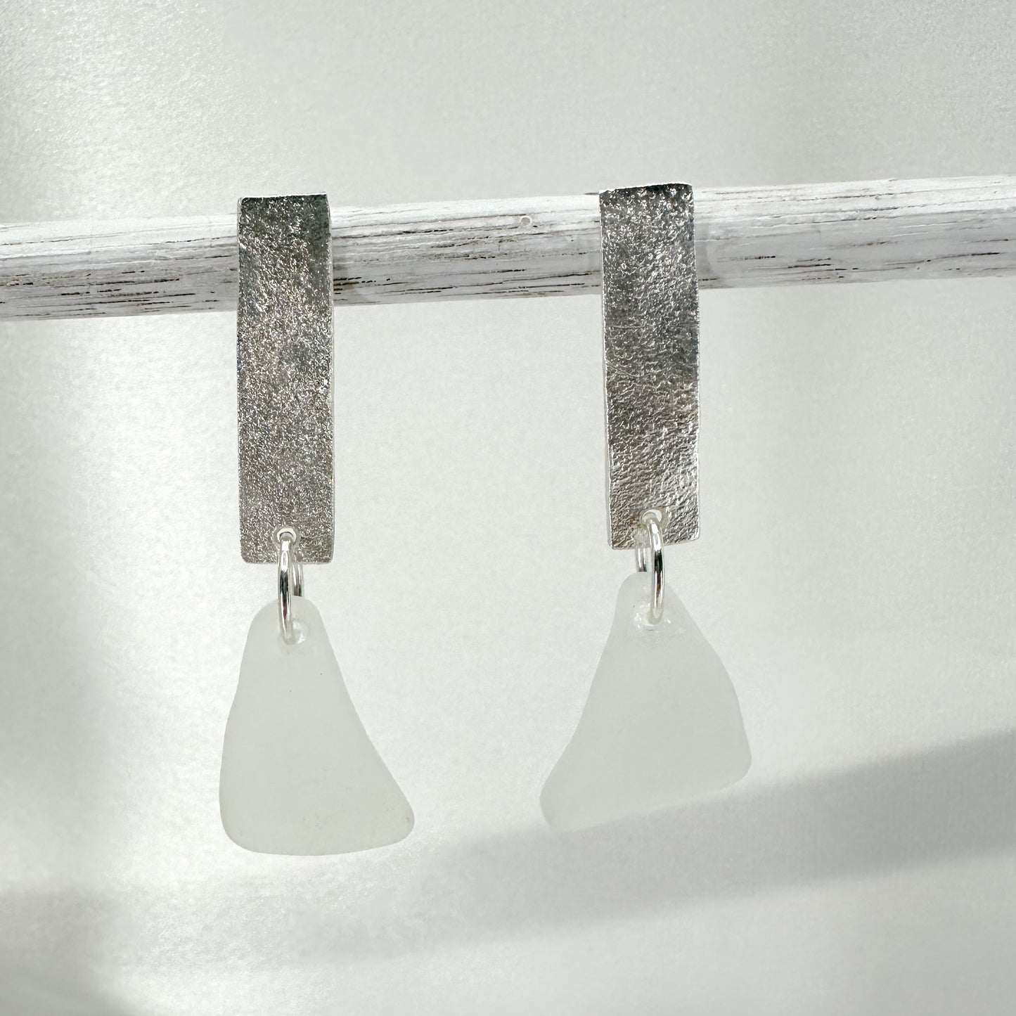 minimalist dangly silver earrings with white French seaglass  • mismatched