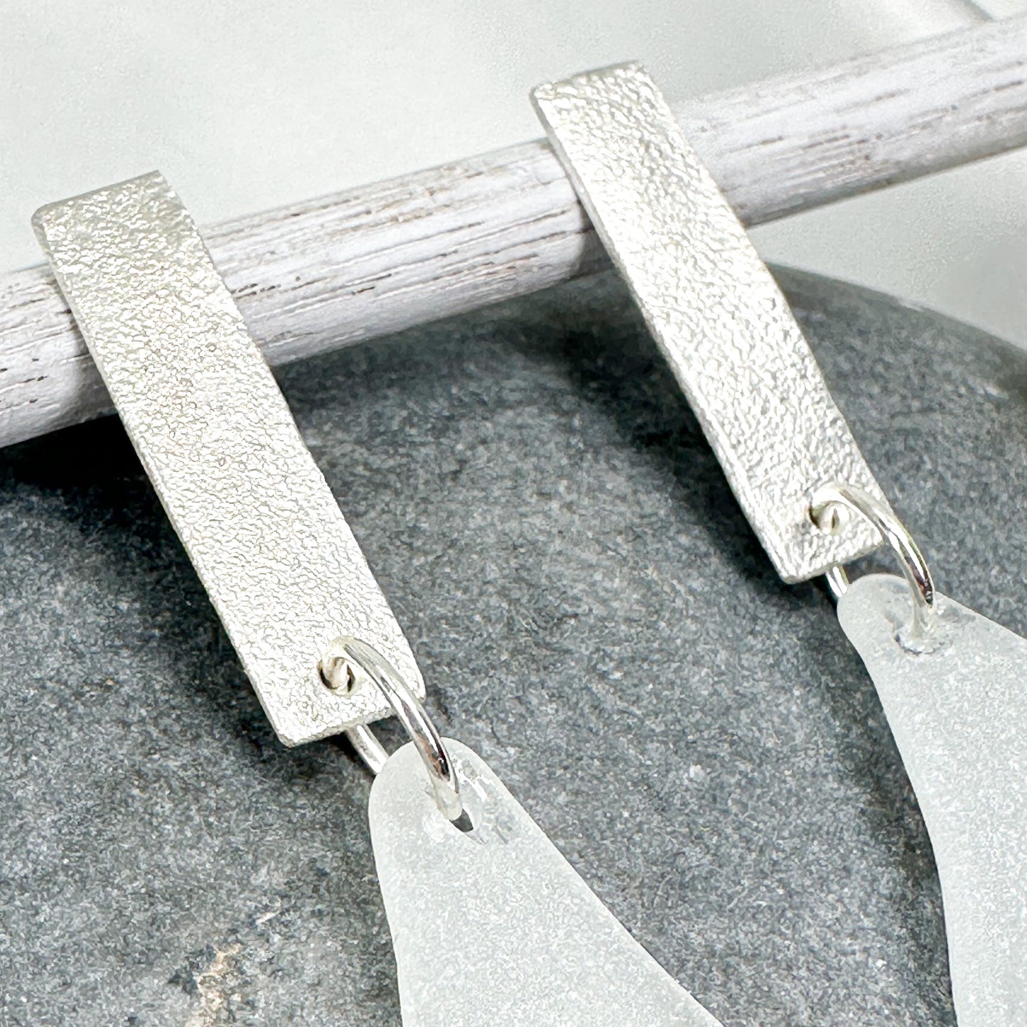 minimalist dangly silver earrings with white French seaglass  • mismatched