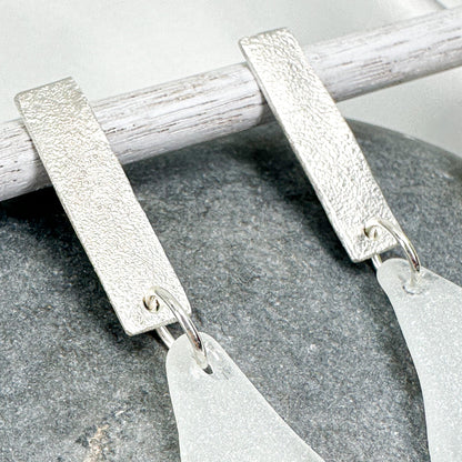 minimalist dangly silver earrings with white French seaglass  • mismatched