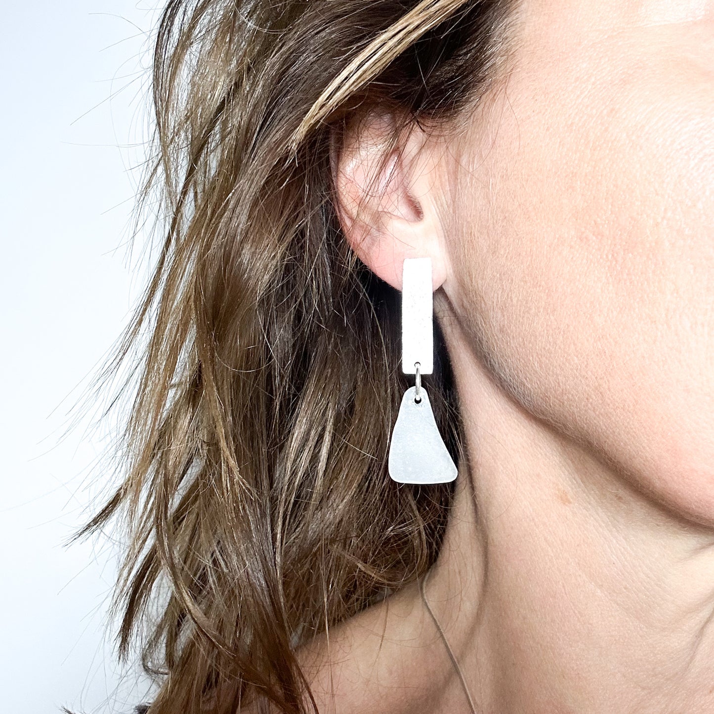 minimalist dangly silver earrings with white French seaglass  • mismatched