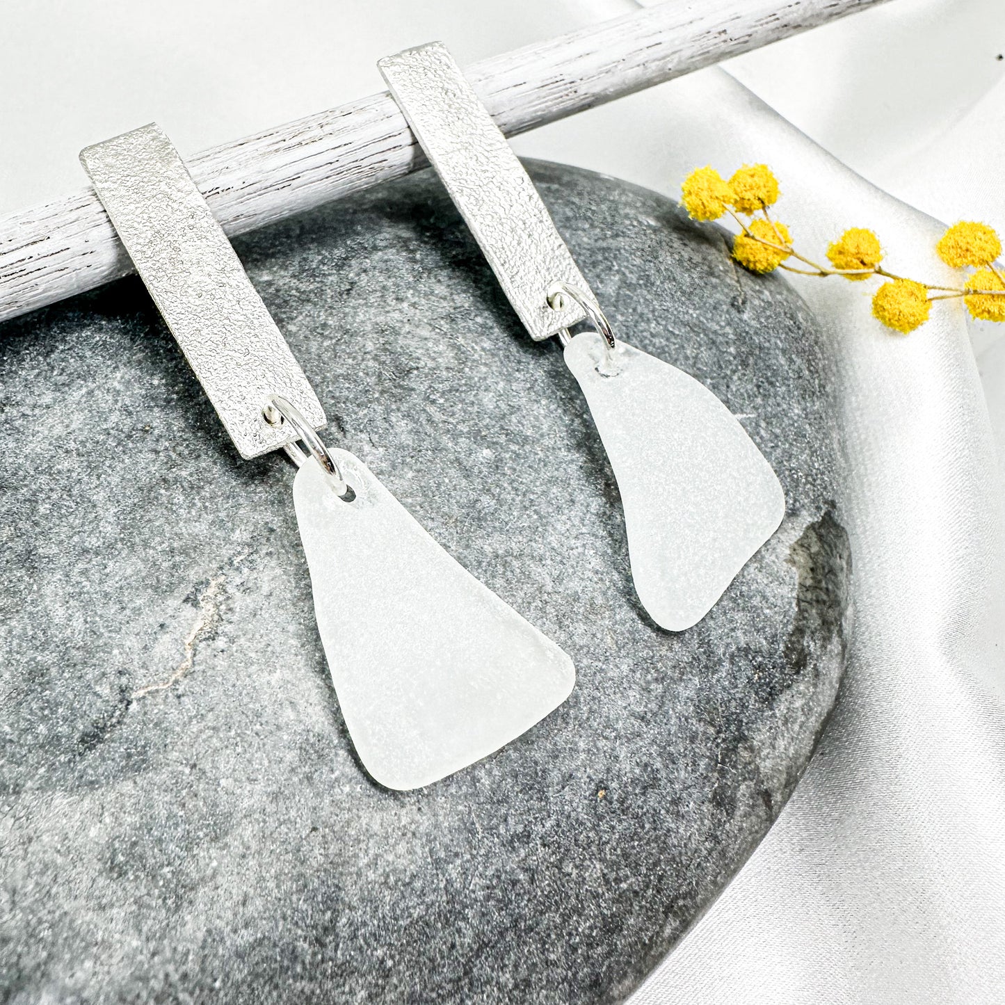 minimalist dangly silver earrings with white French seaglass  • mismatched