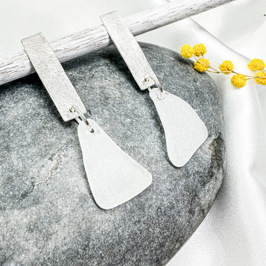 minimalist dangly silver earrings with white French seaglass  • mismatched