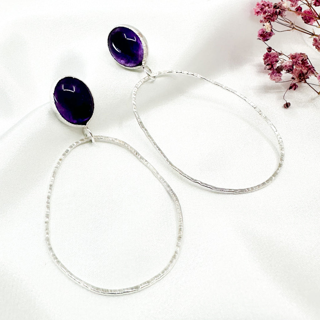long dangly silver earrings with oval amethyst