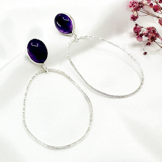 long dangly silver earrings with oval amethyst