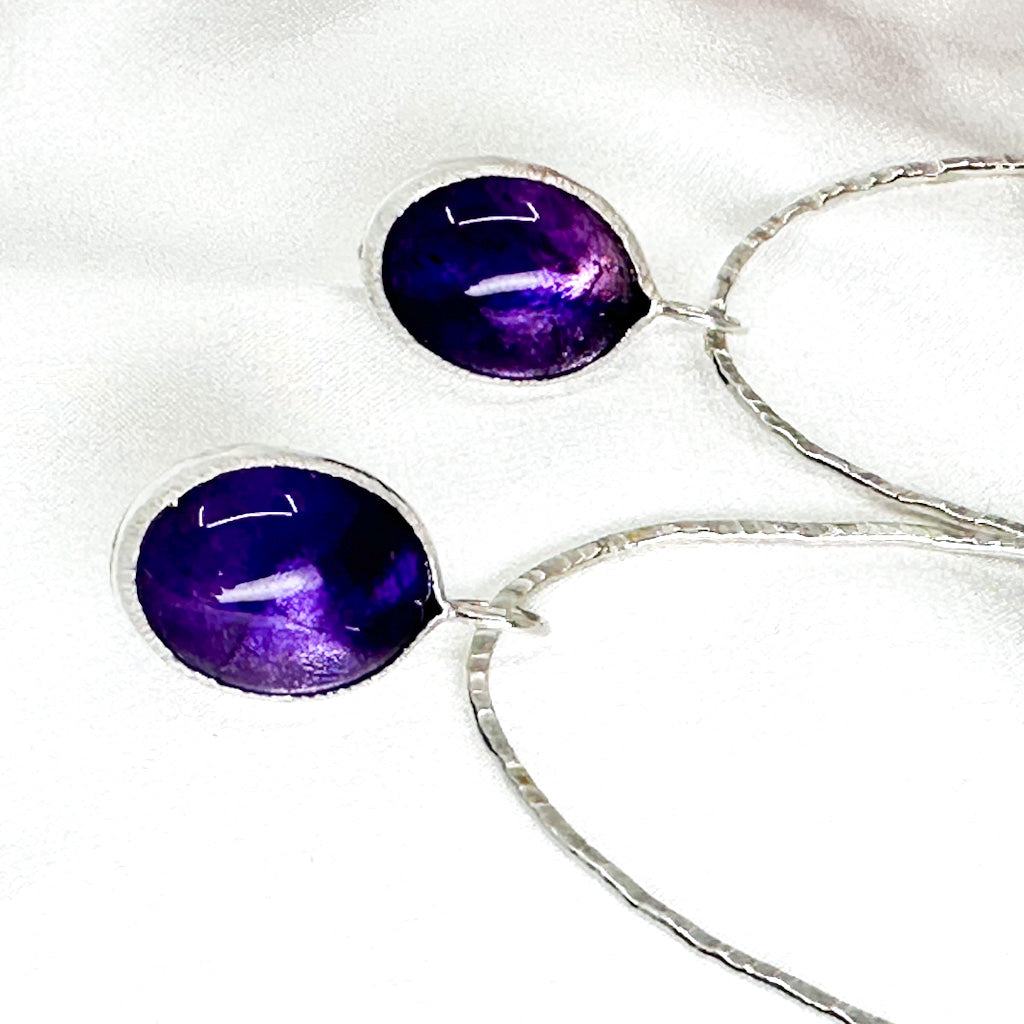 long dangly silver earrings with oval amethyst