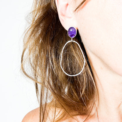 long dangly silver earrings with oval amethyst