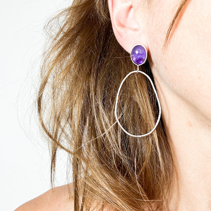 long dangly silver earrings with oval amethyst