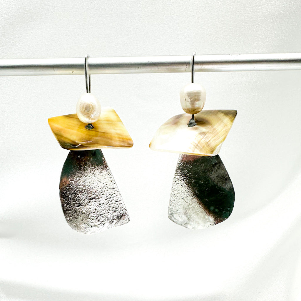 long dangly silver earrings with fresh water pearl and mother of pearl feature