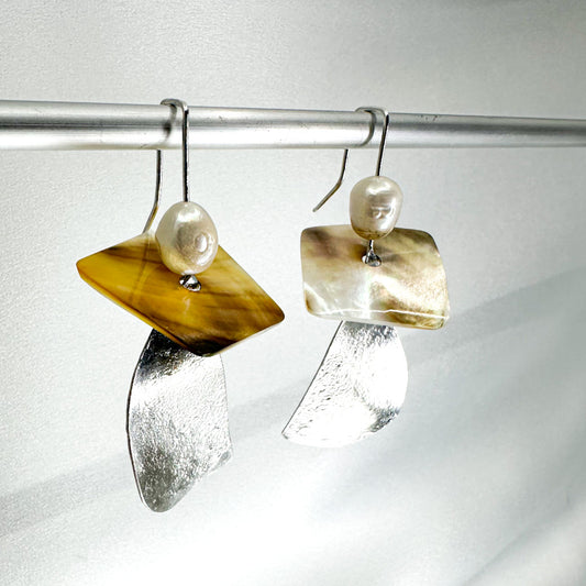 long dangly silver earrings with fresh water pearl and mother of pearl feature