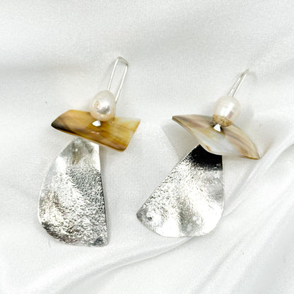 long dangly silver earrings with fresh water pearl and mother of pearl feature