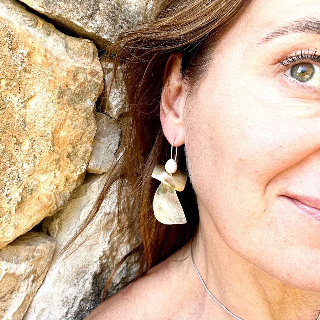 long dangly silver earrings with fresh water pearl and mother of pearl feature