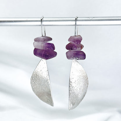 long dangly silver earrings with amethysts