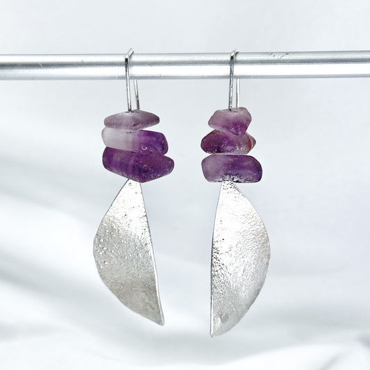 long dangly silver earrings with amethysts