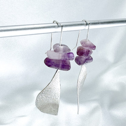 long dangly silver earrings with amethysts