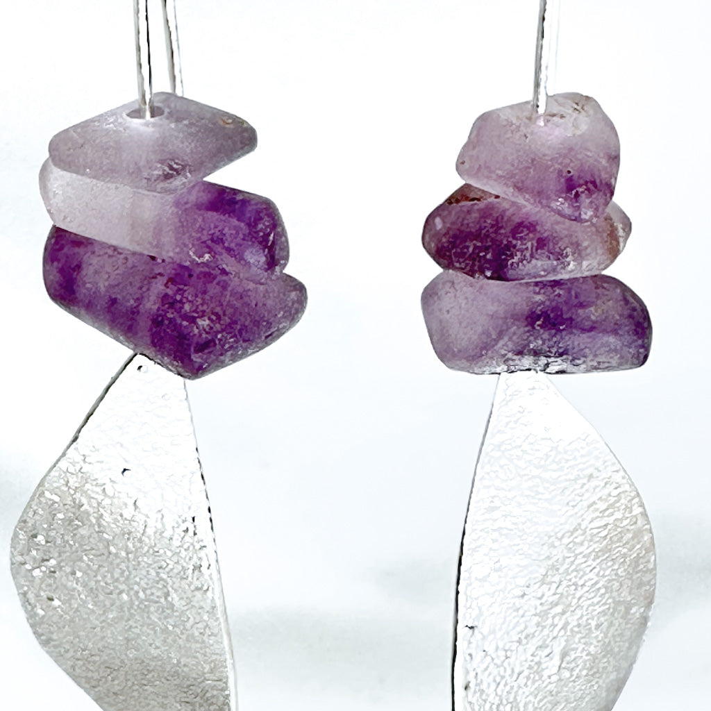 long dangly silver earrings with amethysts
