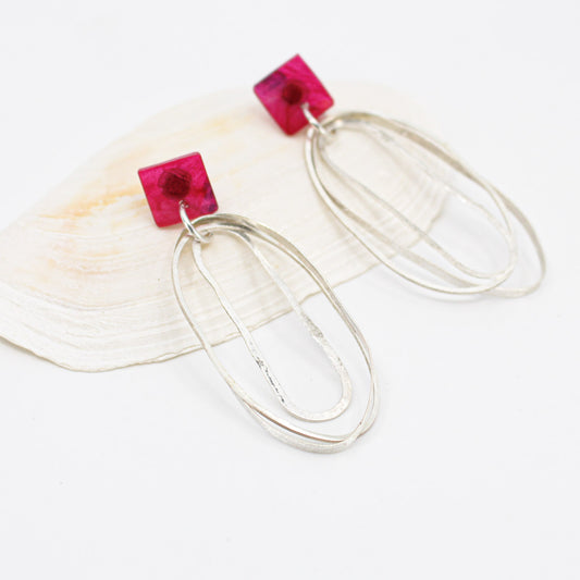 long oval dangly silver earrings with pink resin square top