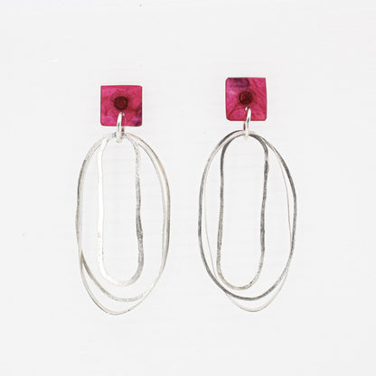 long oval dangly silver earrings with pink resin square top