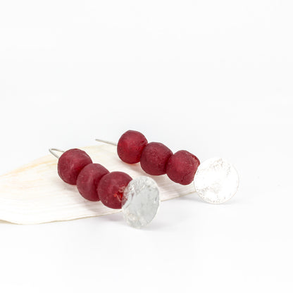 long drop earrings in sterling silver with red African glass beads