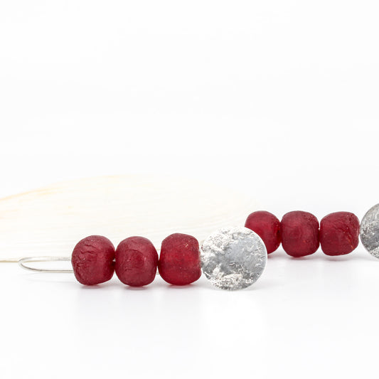 long drop earrings in sterling silver with red African glass beads