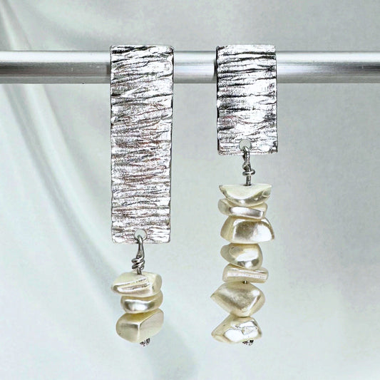 Textured Silver Earrings with Vintage Mother-of-Pearl Chips