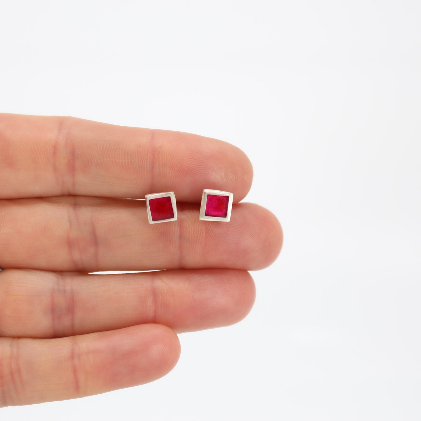 small red square silver studs • handmade in France