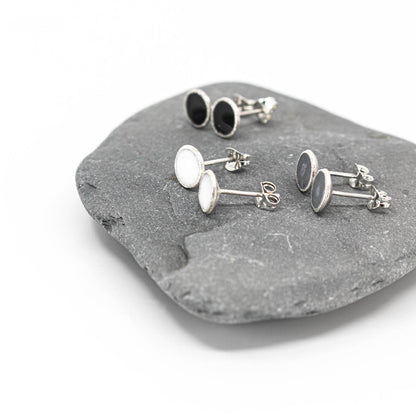 small minimalist round sterling silver stud earrings with white or grey or black resin