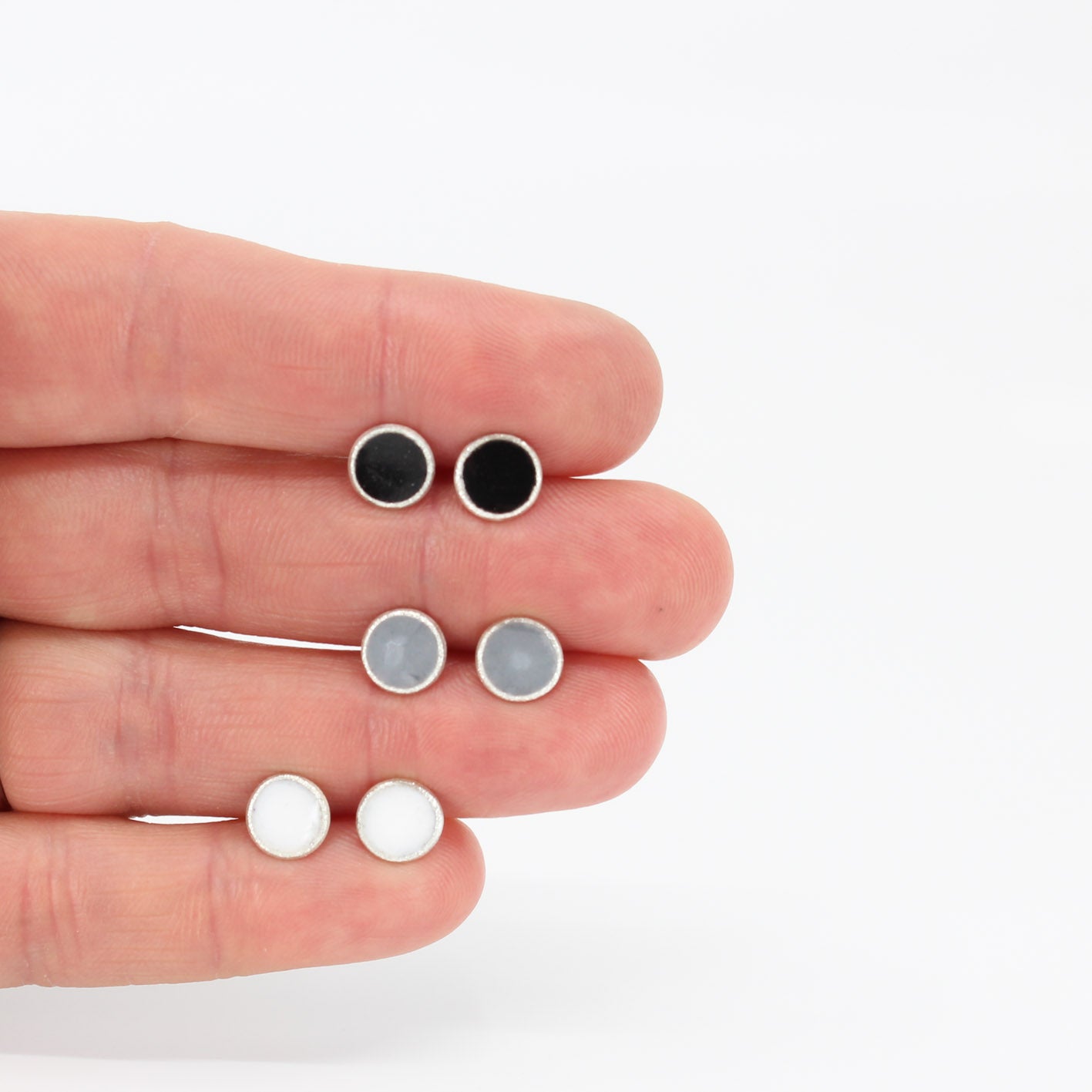 small minimalist round sterling silver stud earrings with white or grey or black resin