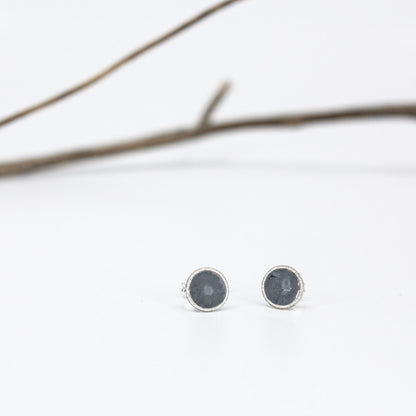 small minimalist round sterling silver stud earrings with white or grey or black resin