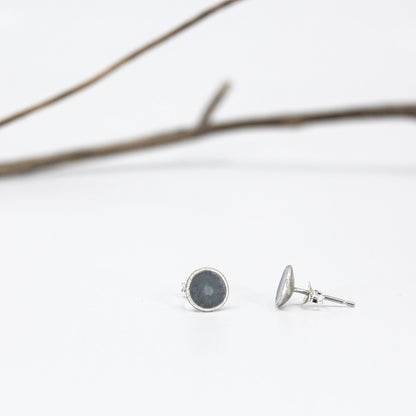 small minimalist round sterling silver stud earrings with white or grey or black resin