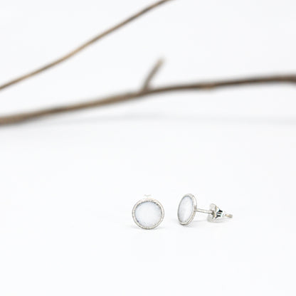 small minimalist round sterling silver stud earrings with white or grey or black resin