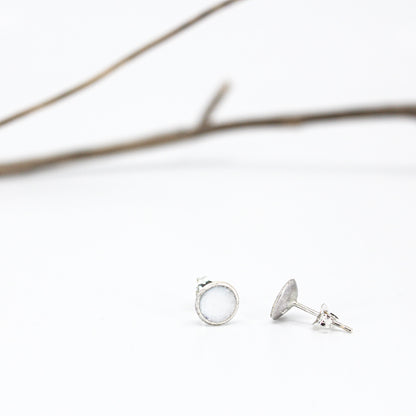 small minimalist round sterling silver stud earrings with white or grey or black resin