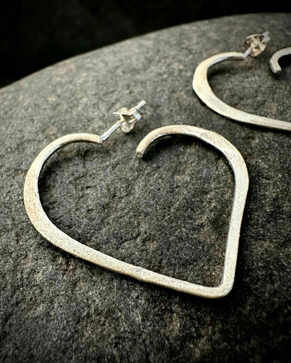 Sterling Silver Heart Hoop Earrings • Handmade Statement Design