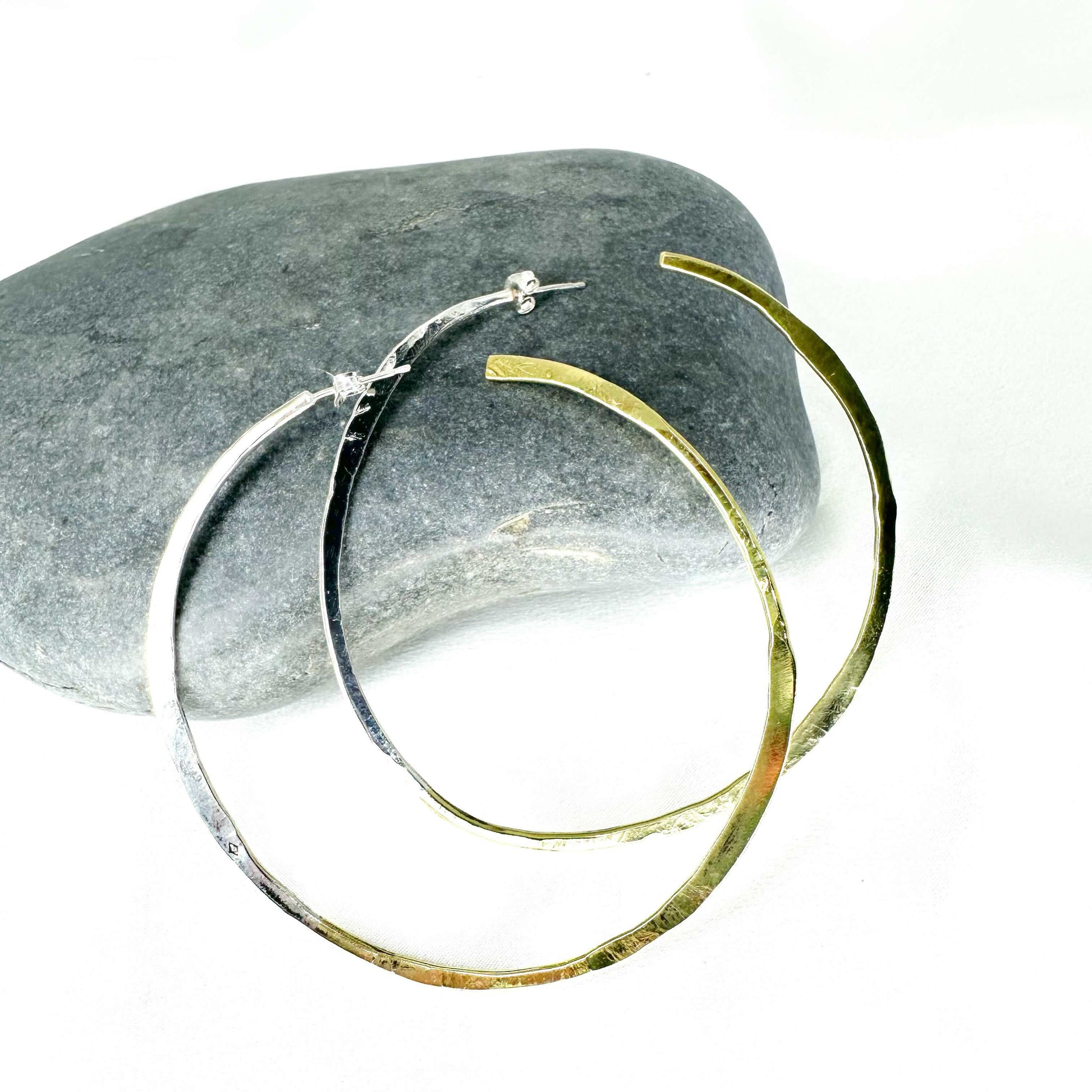Large minimalist hoop earrings in brass and eco sterling silver – handmade two-tone jewellery by Sabine Werner