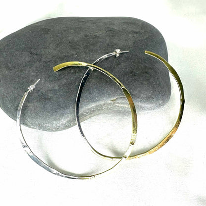 Large minimalist hoop earrings in brass and eco sterling silver – handmade two-tone jewellery by Sabine Werner
