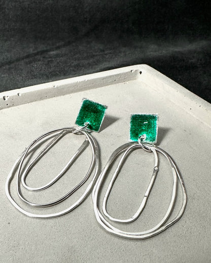 green resin sculptural silver hoop earrings handmade 1