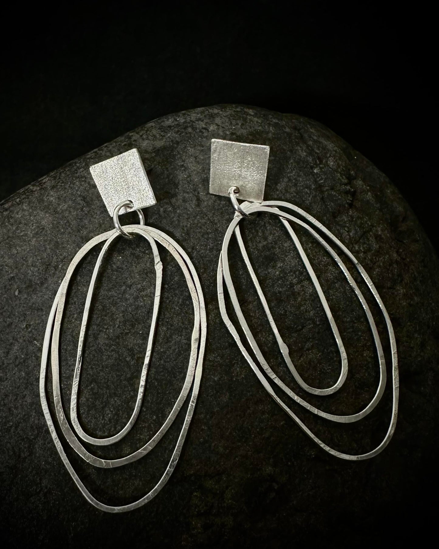 Sculptural Silver Drop Hoop Earrings • Minimalist Statement Design